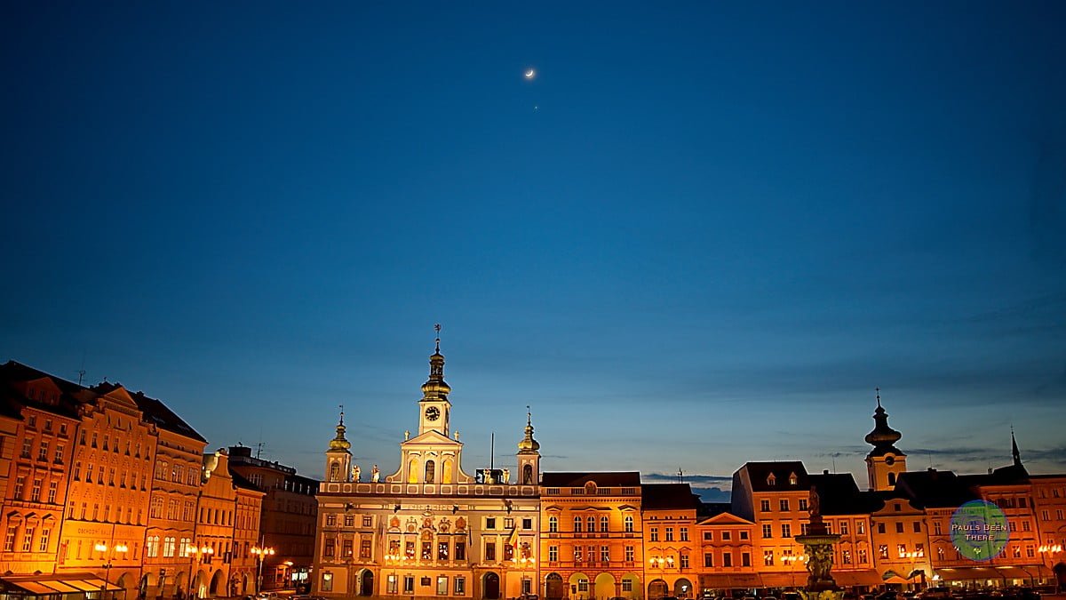 České Budějovice town square, sunset