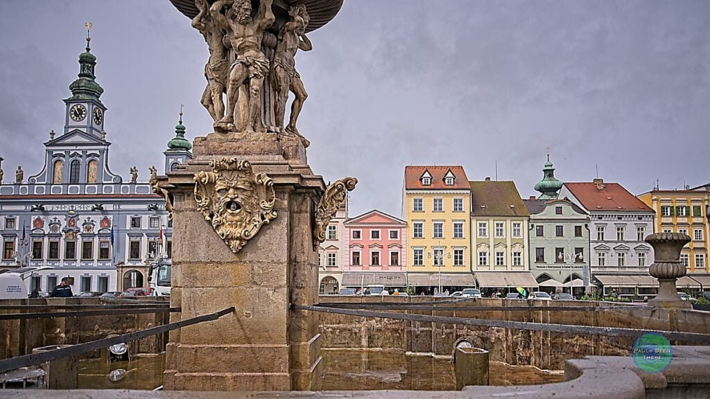 Samson fountain empty České Budějovice town square